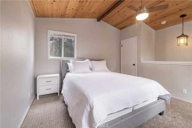 carpeted bedroom featuring wooden ceiling, vaulted ceiling with beams, baseboards, and ceiling fan