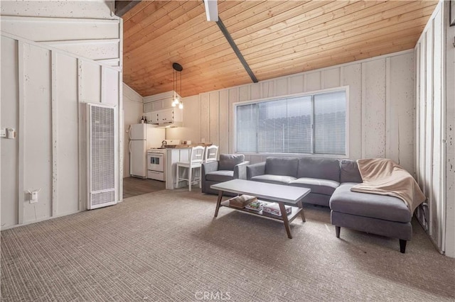 carpeted living area featuring lofted ceiling and wood ceiling