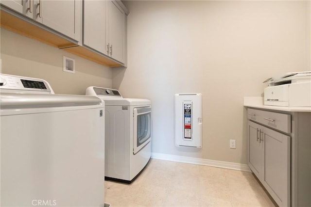 laundry room with baseboards, cabinet space, and washing machine and clothes dryer