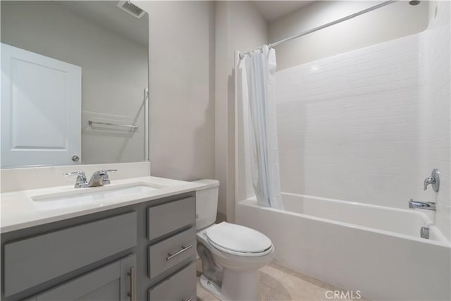 bathroom with vanity, toilet, shower / bathtub combination with curtain, and visible vents