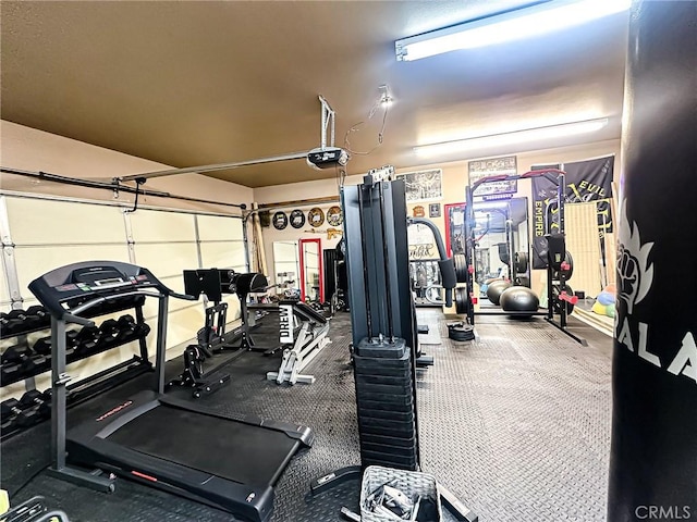 workout area featuring a garage