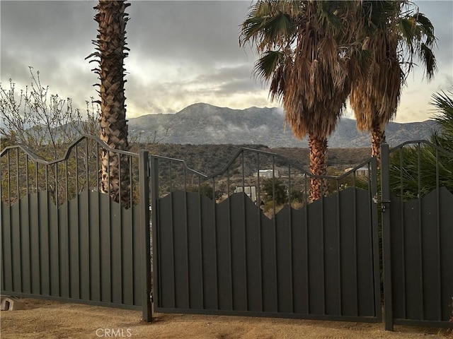 view of gate featuring a mountain view and fence