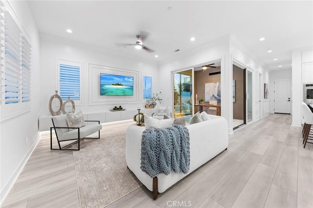 450 Chorus, Irvine, CA 92618 - living area featuring recessed lighting, light wood-style flooring, ceiling fan, and ornamental molding