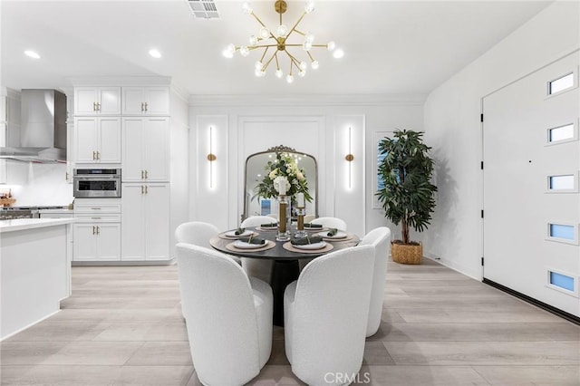 450 Chorus, Irvine, CA 92618 - dining space with visible vents, ornamental molding, recessed lighting, an inviting chandelier, and light wood finished floors
