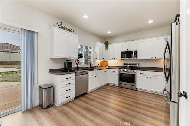 29193 Via Espada, Murrieta, CA 92563 - kitchen featuring stainless steel appliances, dark countertops, white cabinetry, and recessed lighting