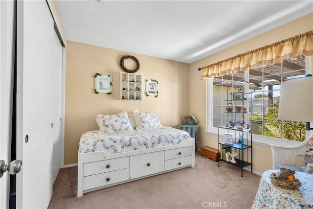 bedroom featuring a closet, baseboards, and carpet