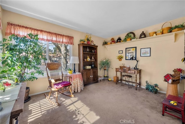 living area featuring carpet flooring and baseboards