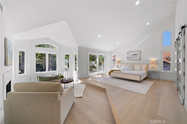 bedroom featuring light wood-style flooring, multiple windows, and high vaulted ceiling