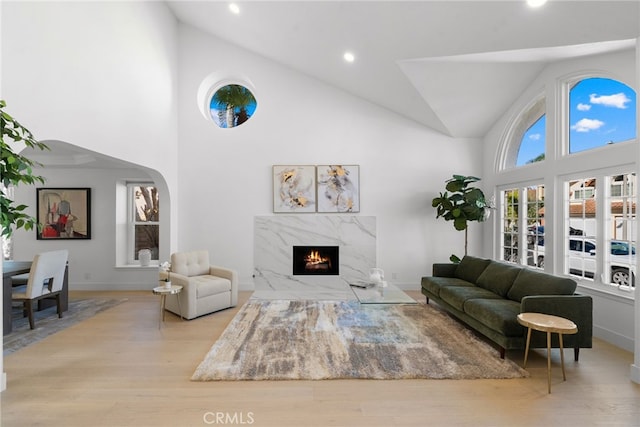 living area featuring baseboards, arched walkways, wood finished floors, and a high end fireplace