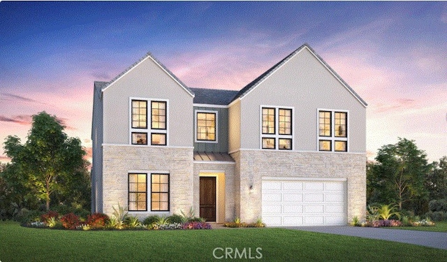 view of front of house with a front lawn, stone siding, a garage, and driveway