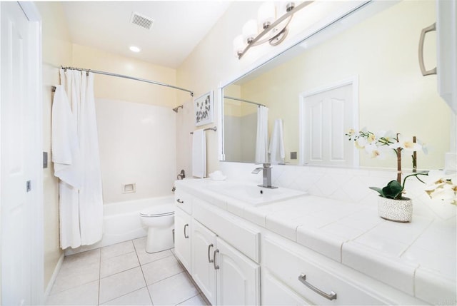 full bathroom featuring visible vents, toilet, tile patterned flooring, shower / bath combination with curtain, and vanity