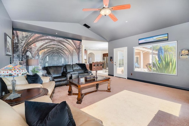 1185 Cedar Summit Dr, Ramona, CA 92065 - carpeted living room with vaulted ceiling, ceiling fan, and arched walkways