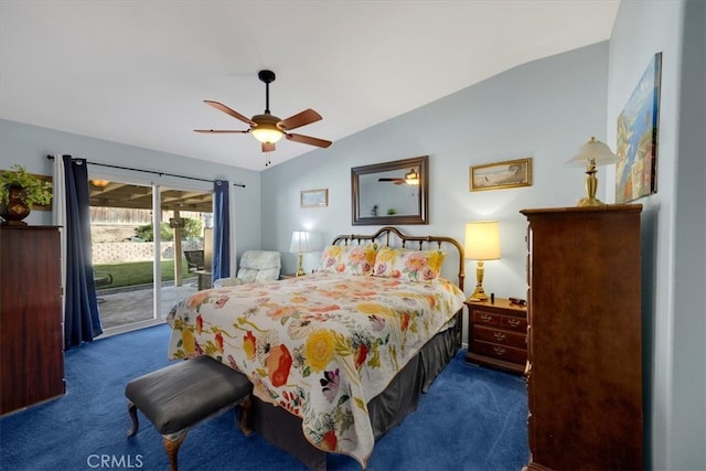 bedroom with access to exterior, a ceiling fan, dark colored carpet, and lofted ceiling