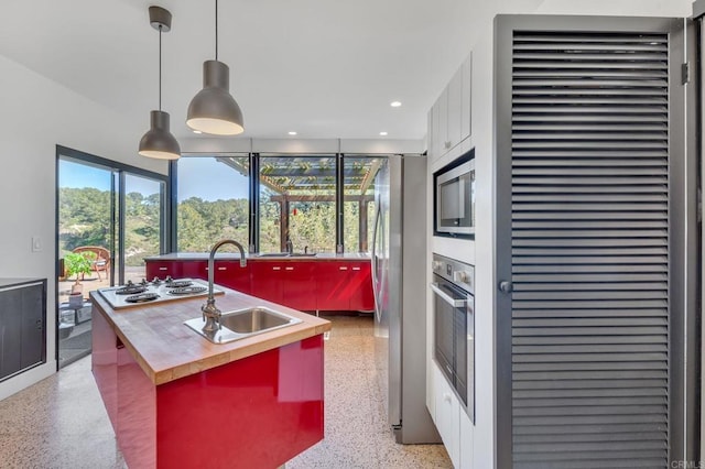 kitchen featuring butcher block countertops, light speckled floor, stainless steel appliances, and a sink