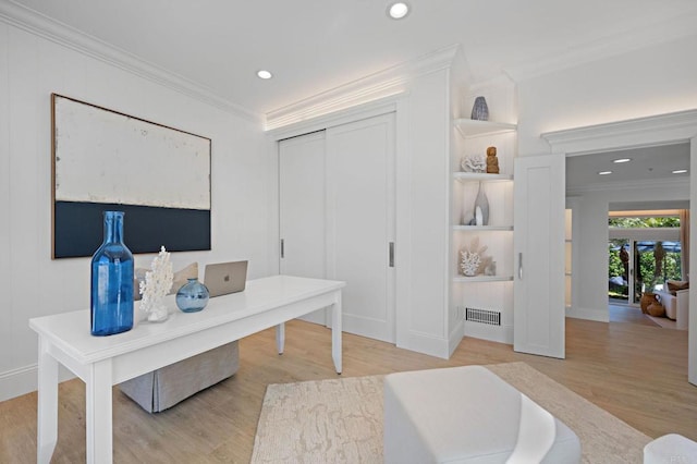 office featuring crown molding, recessed lighting, visible vents, and light wood finished floors