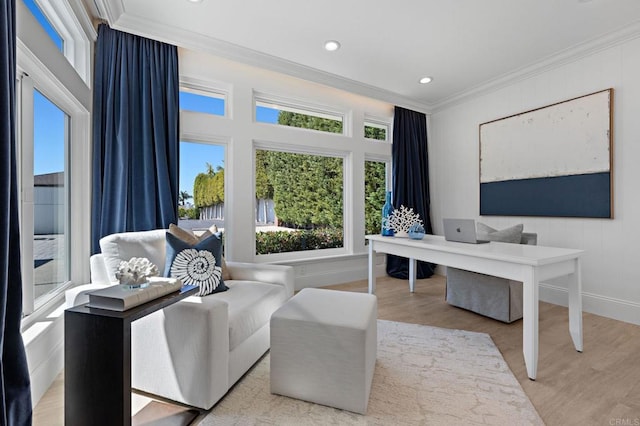 home office with recessed lighting, baseboards, wood finished floors, and ornamental molding