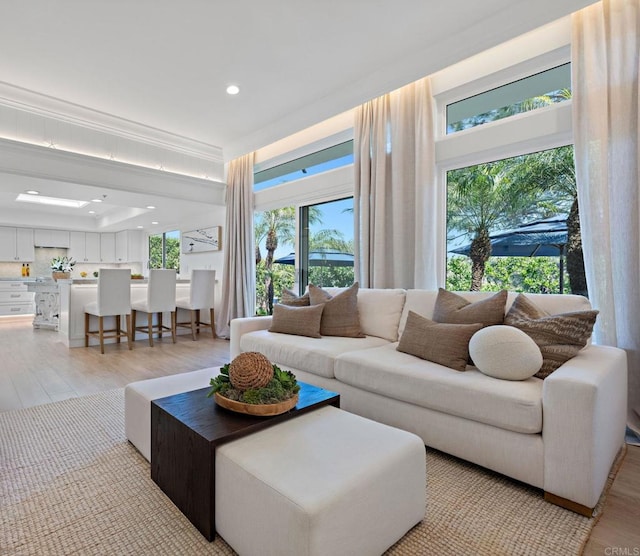 living area with recessed lighting and light wood-style floors