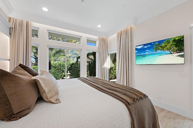 bedroom featuring recessed lighting, baseboards, light wood-style floors, and ornamental molding