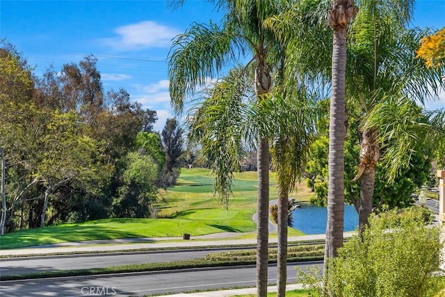 view of property's community featuring a lawn and a water view