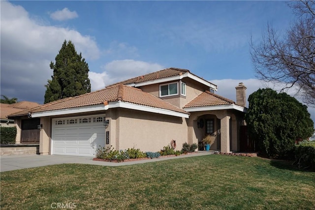 mediterranean / spanish-style home featuring a tiled roof, concrete driveway, a front yard, stucco siding, and a garage