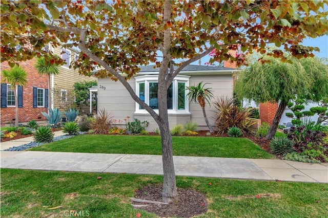 view of property hidden behind natural elements with a front lawn, a garage, and brick siding