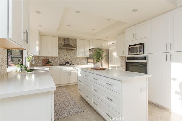 kitchen with a tray ceiling, a sink, decorative backsplash, appliances with stainless steel finishes, and wall chimney exhaust hood