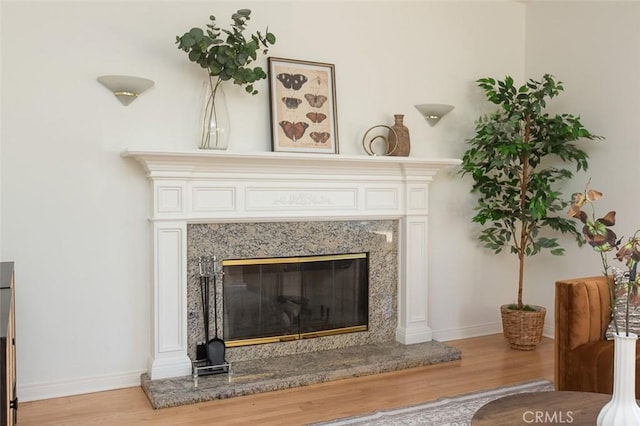 details with a premium fireplace, baseboards, and wood finished floors