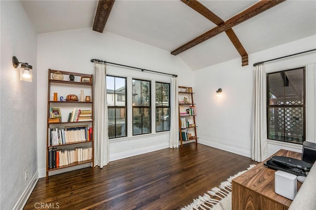 home office featuring vaulted ceiling with beams, baseboards, and wood finished floors