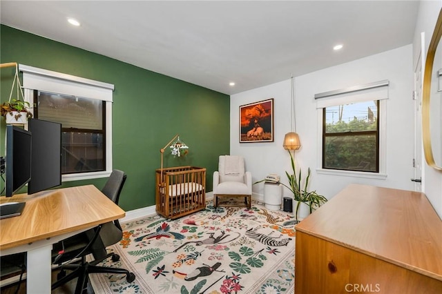 home office featuring recessed lighting and baseboards