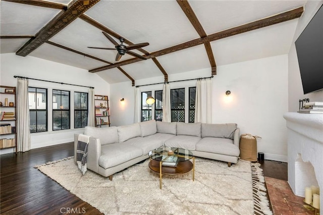 living room with a wealth of natural light, wood finished floors, vaulted ceiling with beams, and ceiling fan