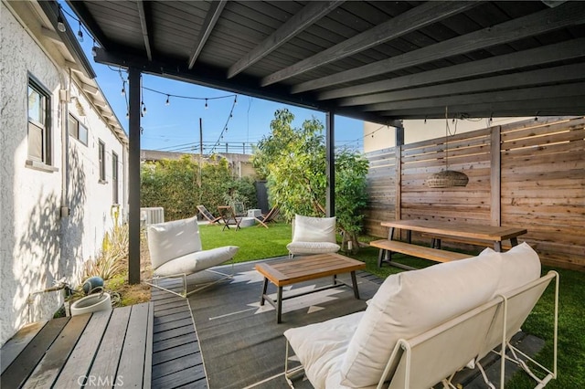 deck with fence and an outdoor hangout area