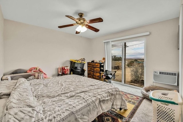 bedroom with access to exterior, a wall mounted air conditioner, a ceiling fan, and carpet floors