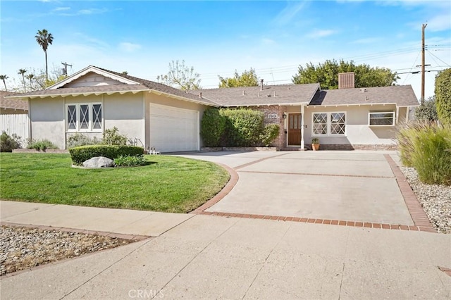 ranch-style home with a front yard, a garage, driveway, and stucco siding