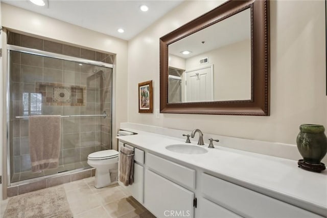 full bath with visible vents, toilet, recessed lighting, a shower stall, and vanity