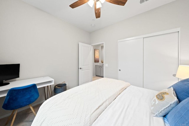 bedroom featuring a closet, visible vents, and ceiling fan