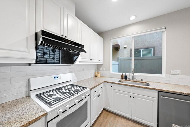 kitchen with a sink, gas range gas stove, dishwasher, and white cabinets