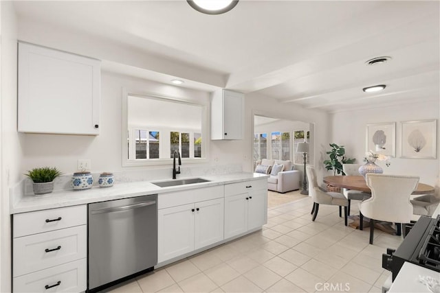 kitchen featuring light countertops, white cabinetry, visible vents, dishwasher, and a sink