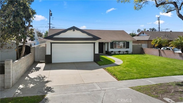 ranch-style home featuring a garage, fence, brick siding, a front lawn, and driveway