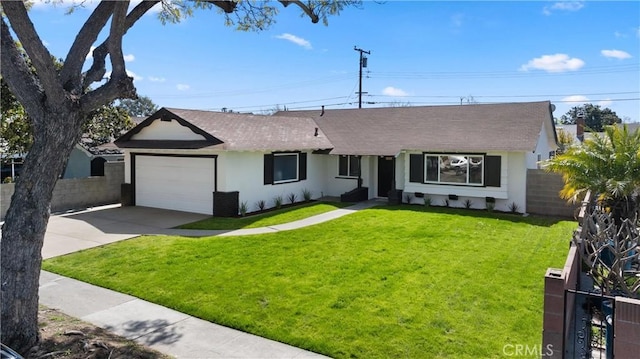 ranch-style house with a front yard, fence, driveway, stucco siding, and a garage