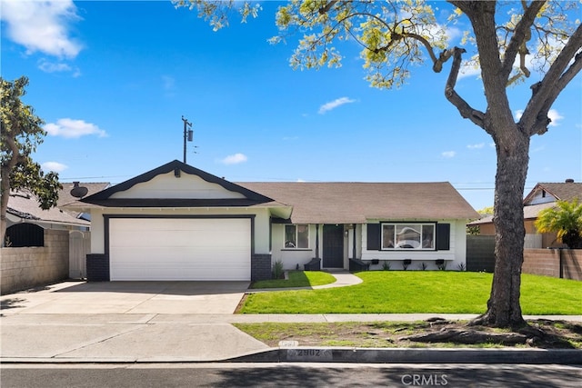 ranch-style house with a front yard, fence, concrete driveway, a garage, and brick siding