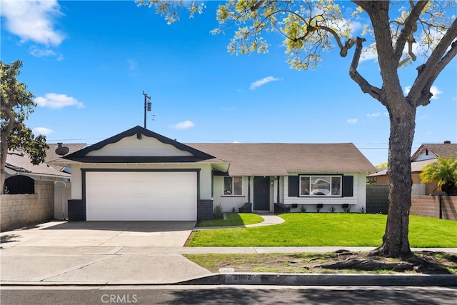 ranch-style home featuring a garage, fence, a front lawn, brick siding, and driveway