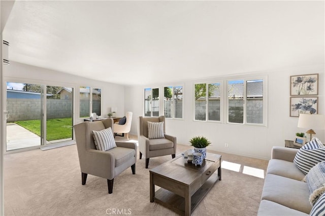 living room featuring light colored carpet