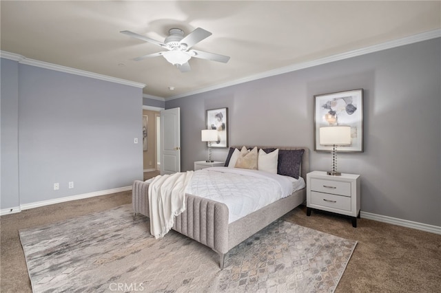 bedroom with baseboards, a ceiling fan, carpet, and ornamental molding