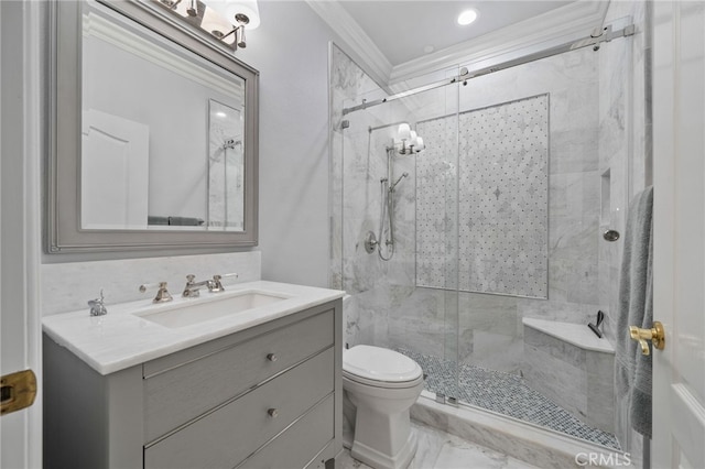 bathroom featuring a marble finish shower, toilet, marble finish floor, and vanity