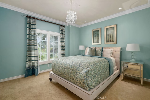 carpeted bedroom featuring a chandelier, recessed lighting, crown molding, and baseboards