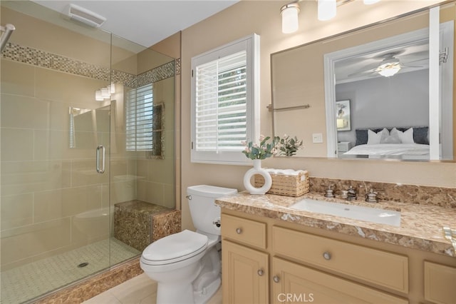 ensuite bathroom with toilet, visible vents, a stall shower, and ensuite bathroom