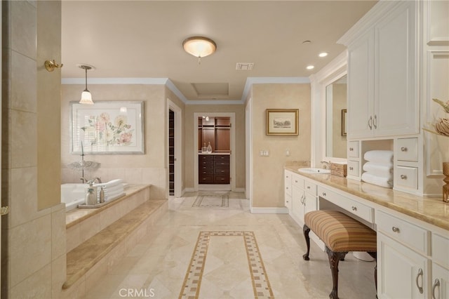 full bathroom with vanity, visible vents, baseboards, and ornamental molding