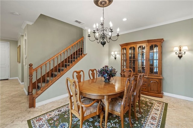 dining space featuring stairway, baseboards, visible vents, crown molding, and a chandelier