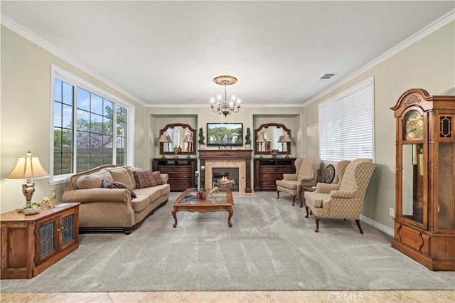 carpeted living area with an inviting chandelier, a wealth of natural light, visible vents, and a warm lit fireplace