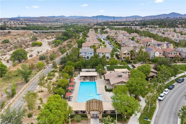 bird's eye view featuring a mountain view and a residential view